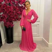 charming fuchsia a line mother of the bride dress sexy deep v neck pleats long sleeves womens chiffon party dress for wedding