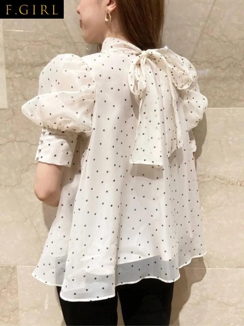 

Elegant Belt Bow Two Ways Wear Blouse Women Japan Style Sweet Puff Sleeve Loose Shirts Tops 2023 New Summer All-match Blusas