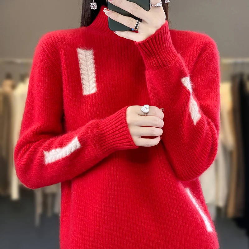 

100%Wool Sweater Womens Half High Neck Long Sleeve Tops Casual Loose Knitwears Korean Fashion Pull Femme Autumn Winter Pullovers