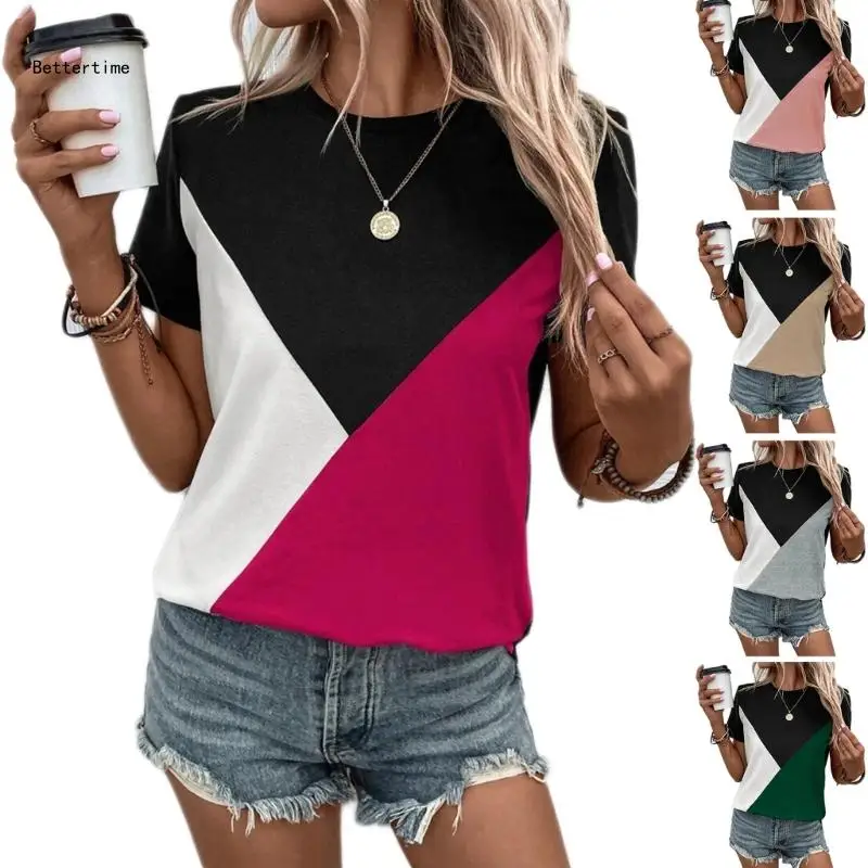 

B36D Women Short Sleeve Crewneck T-Shirt Color Block Shirt Top Casual T-Shirt Top