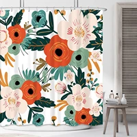 fabric floral colorful shower curtain for bathroom decor spring red flower green leaves boho bathtub accessories botanical poppy