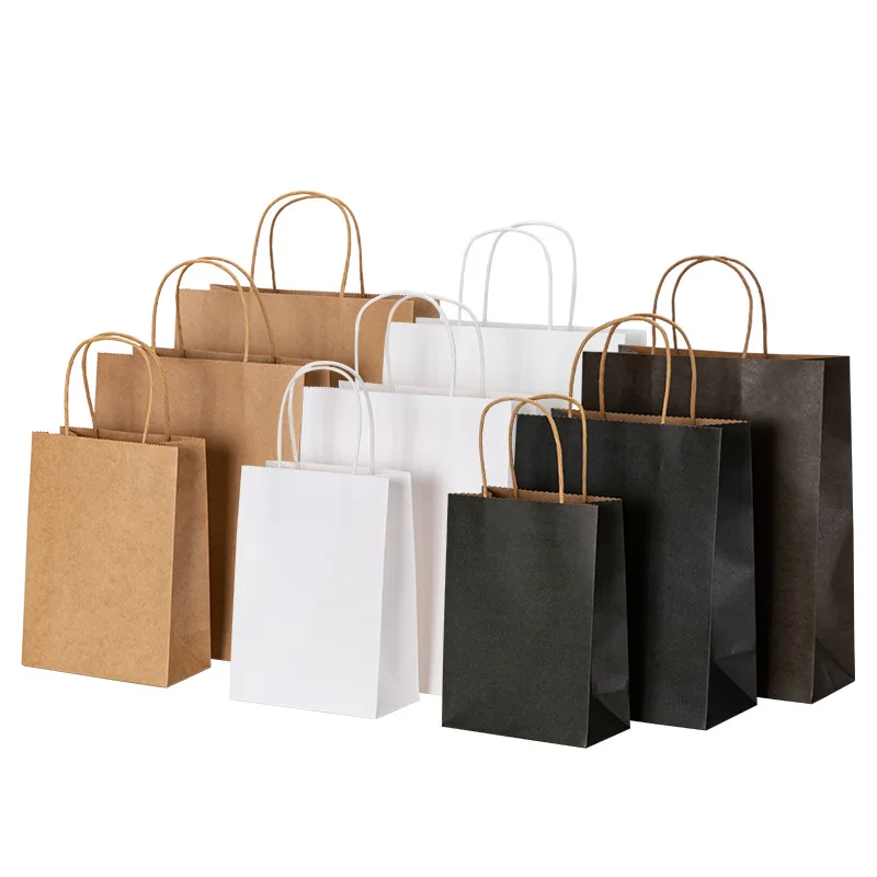 5pcs Kraft Paper Bag with Handles Solid Color Gift Packing Bags for Store Clothes Wedding Christmas Supplies Handbags Kit