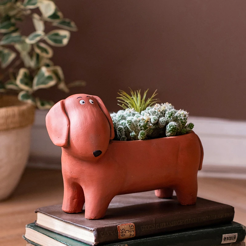 Nordic style cement material animal sausage dog cute shape flower pot furniture, exquisite decorative artwork in the back garden