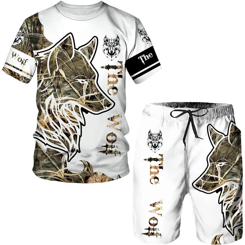 3D Animal Printed T Shirt For Men Shorts 2 Piece Outfit Fashion Wolf Pattern Oversized Tees O-neck Tops Summer Short Sleeve Sets