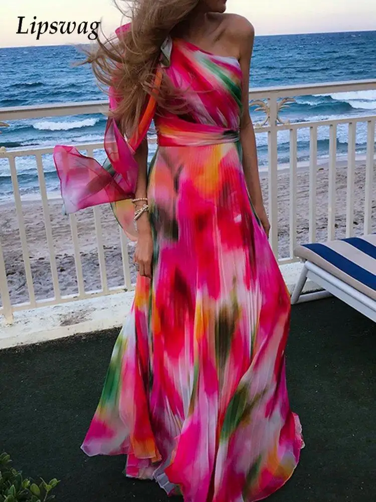 

2022 New Female Party Dress Fashion Rtero Colorful Printing Long Dresses Women Elegant One Shoulder Lace-Up Pleated Party Dress