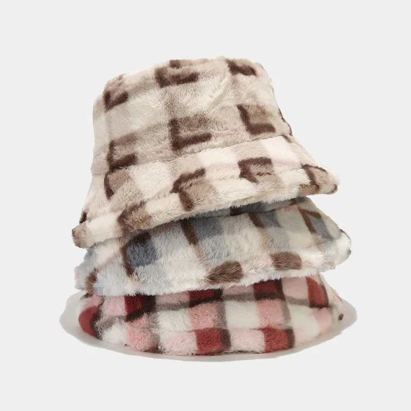 

Amazon New Plaid Fisherman Hat Women's Faux Rabbit Fur Skin-Friendly Bucket Hat Winter Outdoor All-Matching Plush Hat Tide