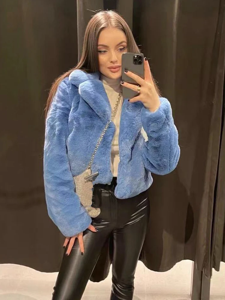 

ZACK RAIN Women Faux Fur Blue Fleece Jacket 2022 Autumn Winter Ladies Lapel Warm Coat Elegant Female Thick Short Outwear Mujer