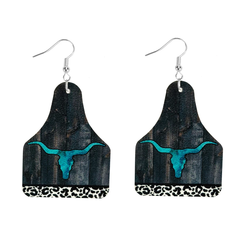 Западный Леопард бирюза корова Череп узор Longhorn ферма Бирка Серьги для женщин