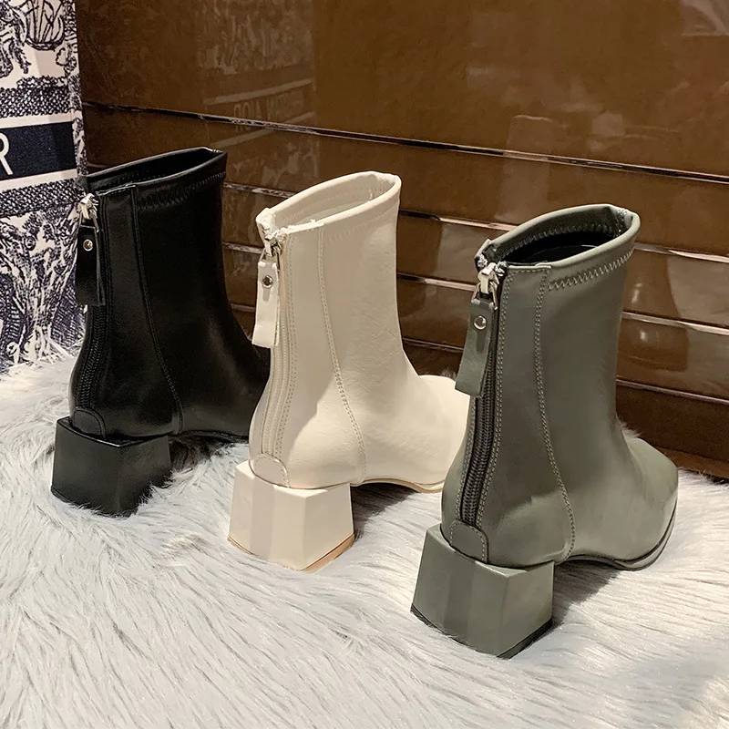 Luxury Brand Women Beige 7cm Block High Heels Ankle Boots 2022 Winter Female Square Toe Chelsea Boots High Quality Short Boots