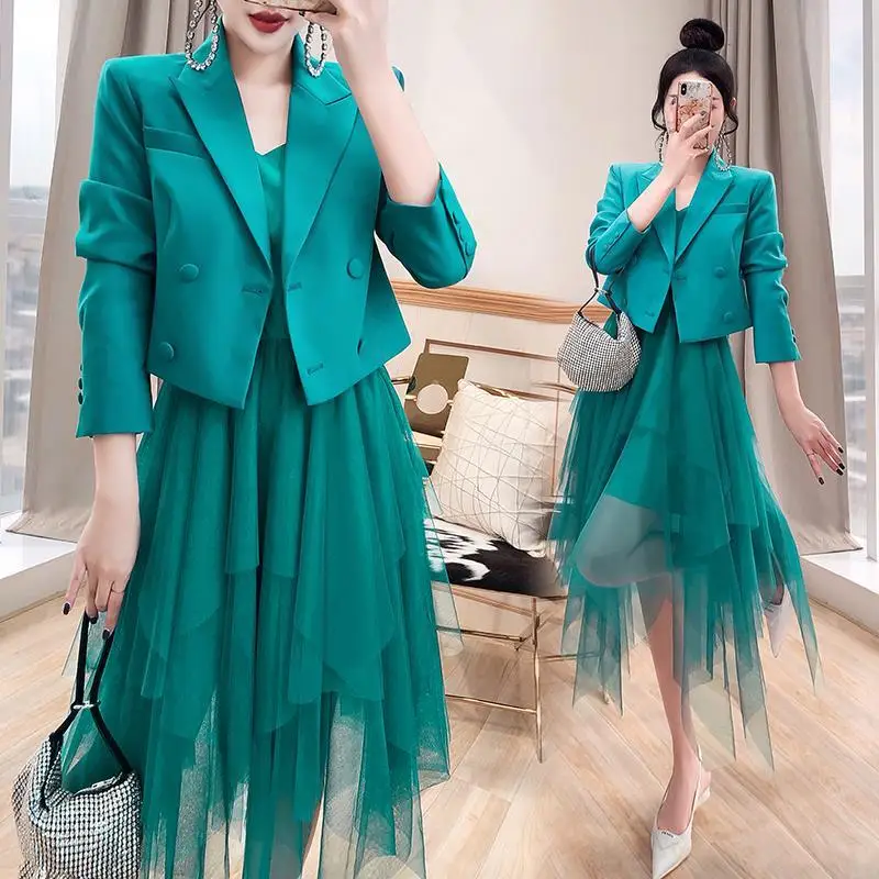 

Women's Blazer Spring Autumn Korean Graceful Set Auger Short Suit Jacket Dress Two Piece Set 2023 New Work Clothing Female Q340