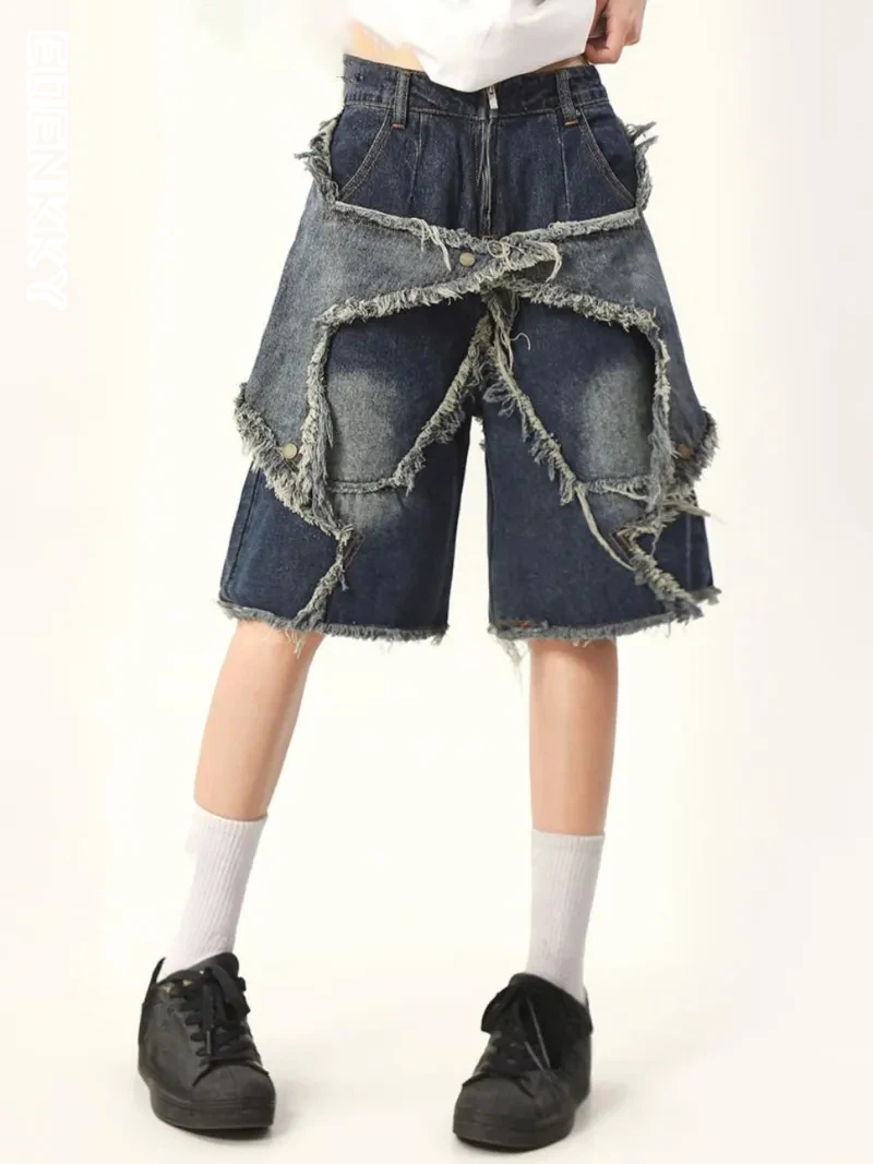 

Womens Vintage Tassel Star Denim Shorts Splicing Loose Jeans Shorts Men Women Hip Hop Street Harajuku Y2K Shorts New Summer