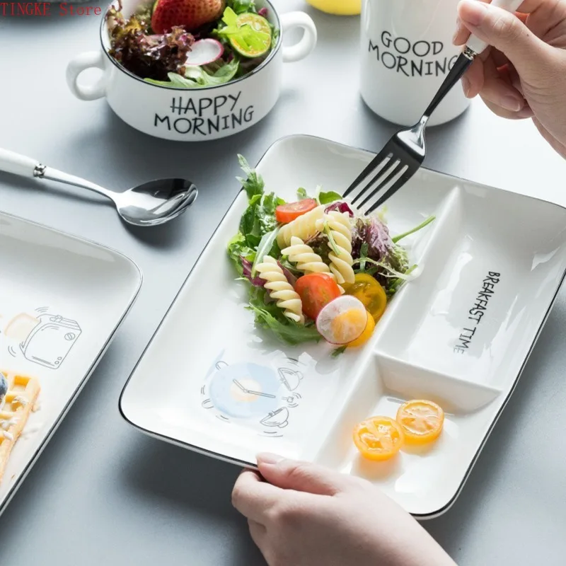 

8inch Nordic Rectangular Grid Black Ceramic Plate, Fruit Snack Baby Plate, Fashionable and Simple Cartoon Fast Food Plate