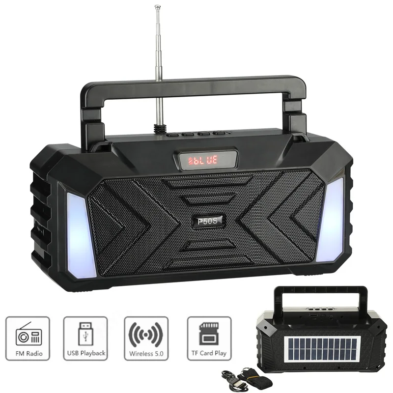 

Портативный радио Солнечный FM приемник открытый Bluetooth динамик USB/TF/AUX MP3 плеер с светодиодный дисплей/RGB подсветка Поддержка громкой связи