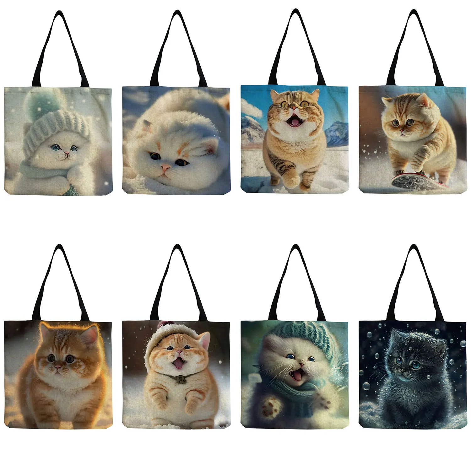 

Travel Portable Cartoon Snow Cat Painting Handbags Cute Animal Print Women Shoulder Bags Eco Reusable Shopping Bag High Capacity
