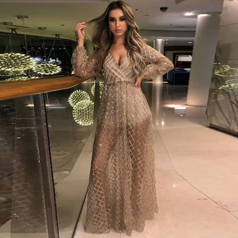 

Summer Luxury Evening Dresses Women Elegant Mesh See Through Floor Length Night Club Party Dresses Female Blackless Sexy V Neck