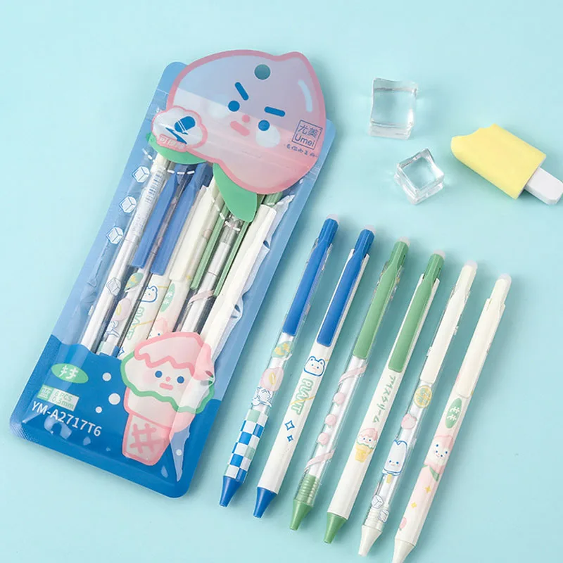 

6Pcs/Set Cute Pattern Gel Pen 0.5mm Black Blue Ink Erasable Student Writing Exam Pens Stationery for Office Supplies School