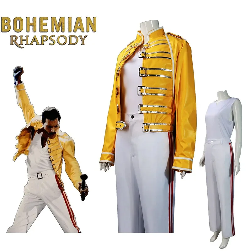 Фото Костюм для косплея Queen Lead Vocals Freddie Mercury, желтая куртка, наряд для взрослых и мужчин, пальто, карнавальный костюм на Хэллоуин №1