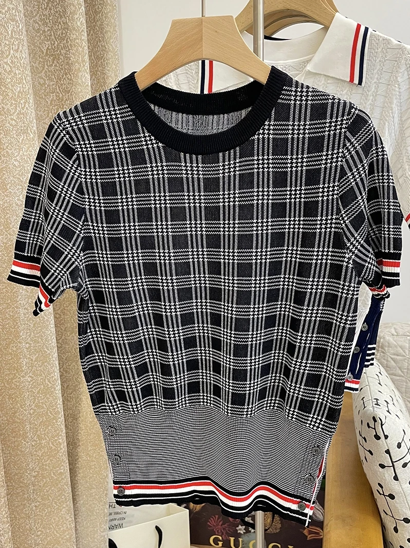 

TB Women Summer Clothes High Quality Ice Silk Short Sleeves T-Shirts Knit Puppy Printed Designer Women Clothing Casual Tops