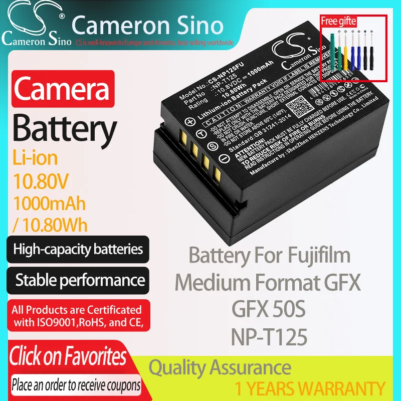 

CameronSino аккумулятор для Fujifilm средний формат GFX 50S подходит для Fujifilm NP-T125 Аккумулятор для камеры 1000mAh/10.80Wh 10,80 V li-ion