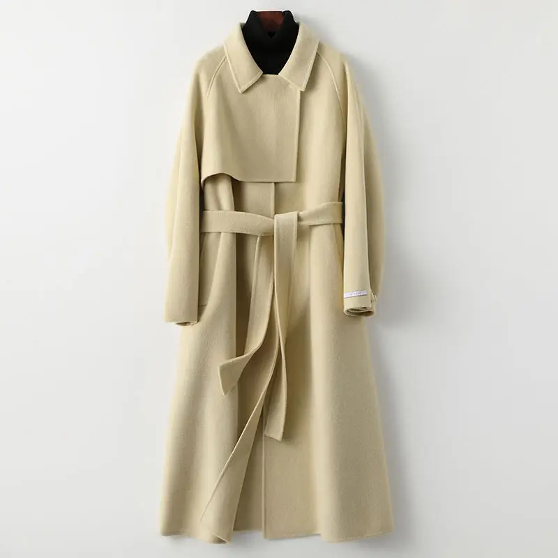 

Женское двухстороннее шерстяное пальто, облегающее пальто средней длины со шнуровкой, 100% шерсть, весна 2023