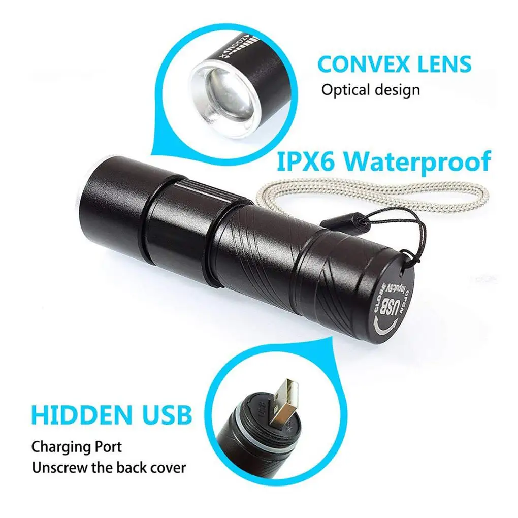 

Purple Light Flashlight USB Rechargeable Torch Adjustable Optical Convex Lens Waterproof Aluminum Alloy Lamp Outdoor