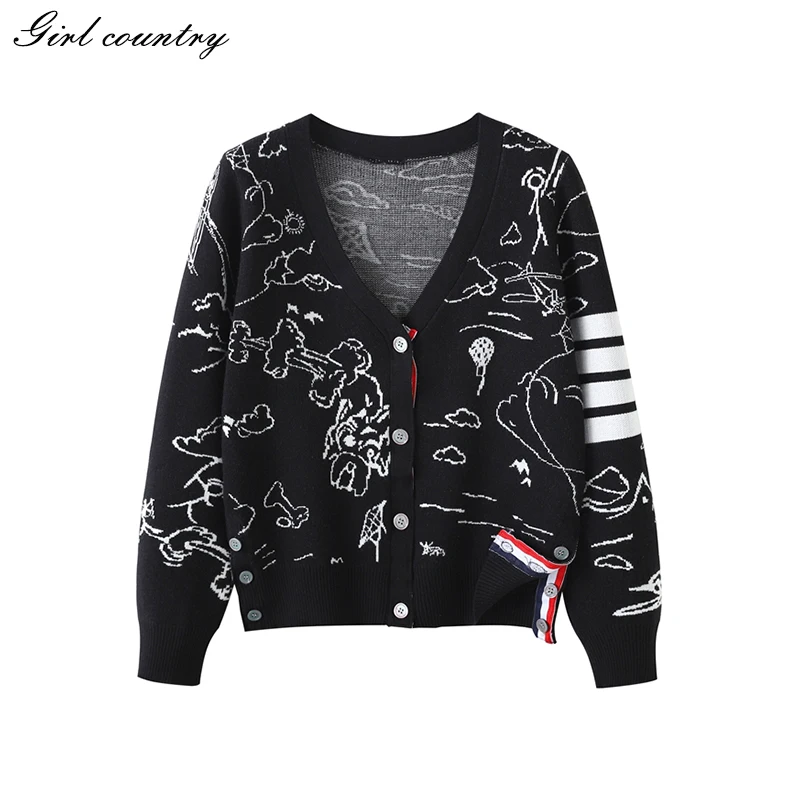 

High Quality Korean Style TB Knitted Cardigan Women's Spring and Autumn V-neck Slim Long Sleeve Black Sweater Coat Short Top