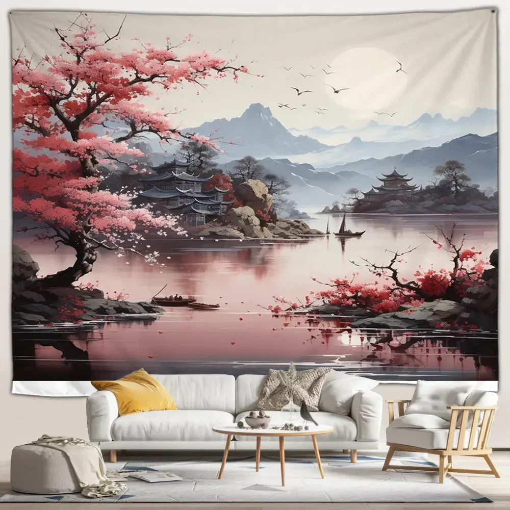 Настенный гобелен японский пейзаж розовый цветы вишни