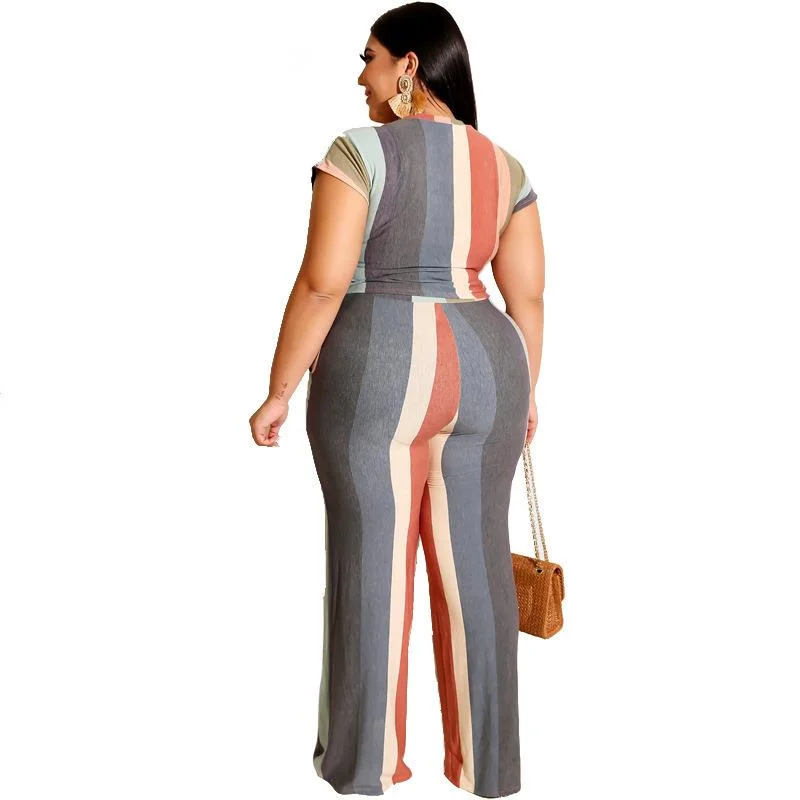 Plus Size Women Sexy Two Pieces Sets Summer 2019 Female Short Top Pants Elasticity Striped Streetwear 3xl 4xl 5xl 6xl