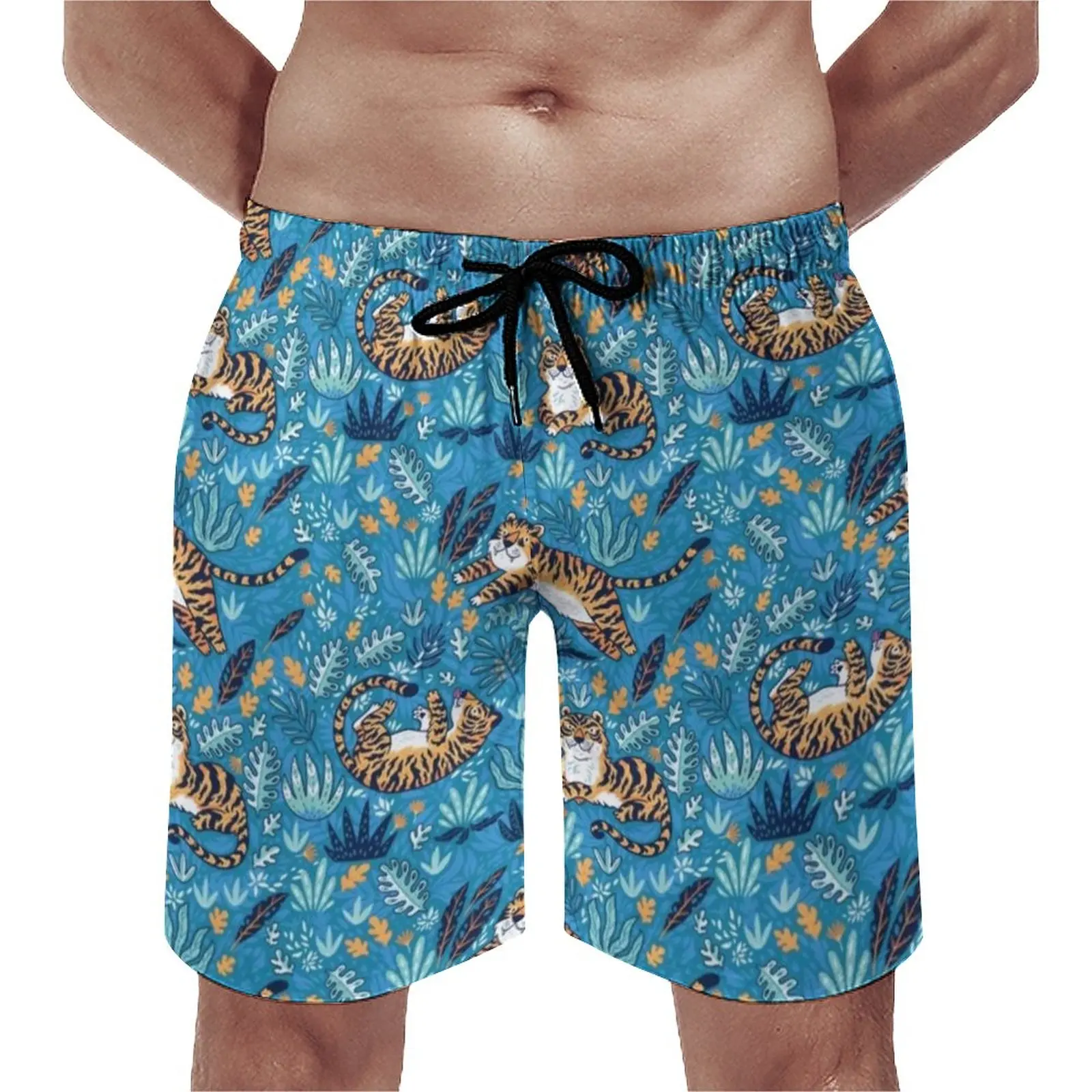 

Summer Board Shorts Wild Tiger Running Surf Jungle Leaf Print Design Beach Short Pants Classic Quick Dry Swimming Trunks