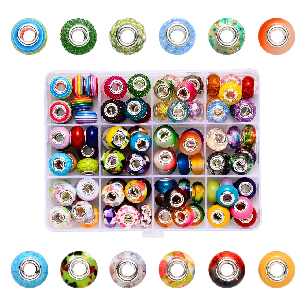 

96pcs/box Acrylic European Beads Large Hole Beads with Brass Double Cores Rondelle Mixed Color