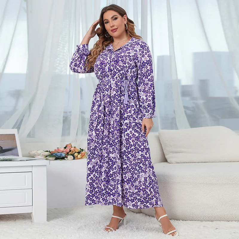 2022 Plus Size Floral French Flower V-Neck Large Size Dress V-Neck Long Dress For Beach Holiday Travel Style Long Women's Dress
