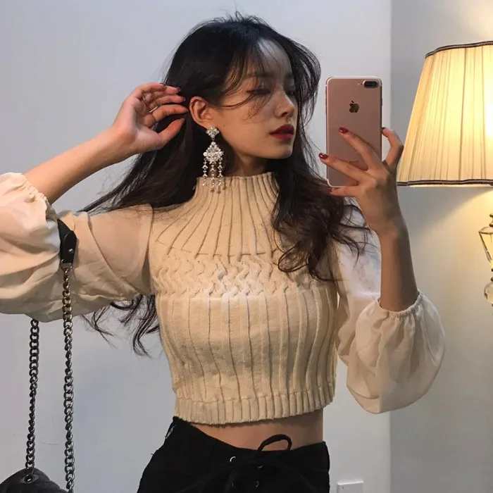 

Женский Короткий шифоновый свитер Honeycherry, трикотажный топ с высоким воротником, рукавами-фонариками и высокой талией в Западном ретро-стиле