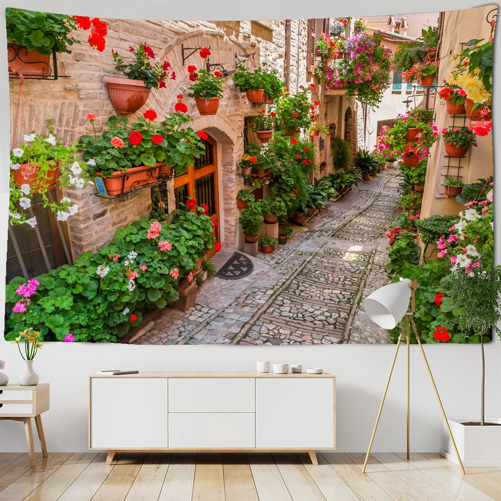 

Beautiful Flower Garden Street Print Wall Tapestry Scenery Wall Hanging Carpet Hippie Room Blanket Art Background Cloth Decorate