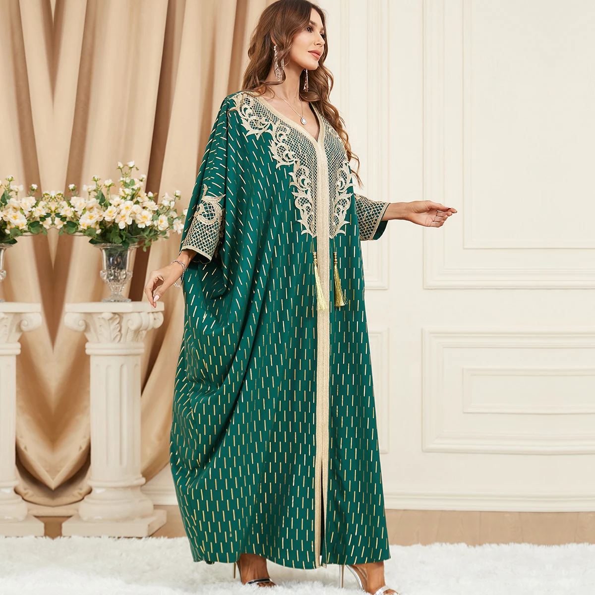 BNSQ Muslim Abaya for Women Long Dresses Dubai V Collar Pendant Bat Sleeves Turkey African Caftan Vest
