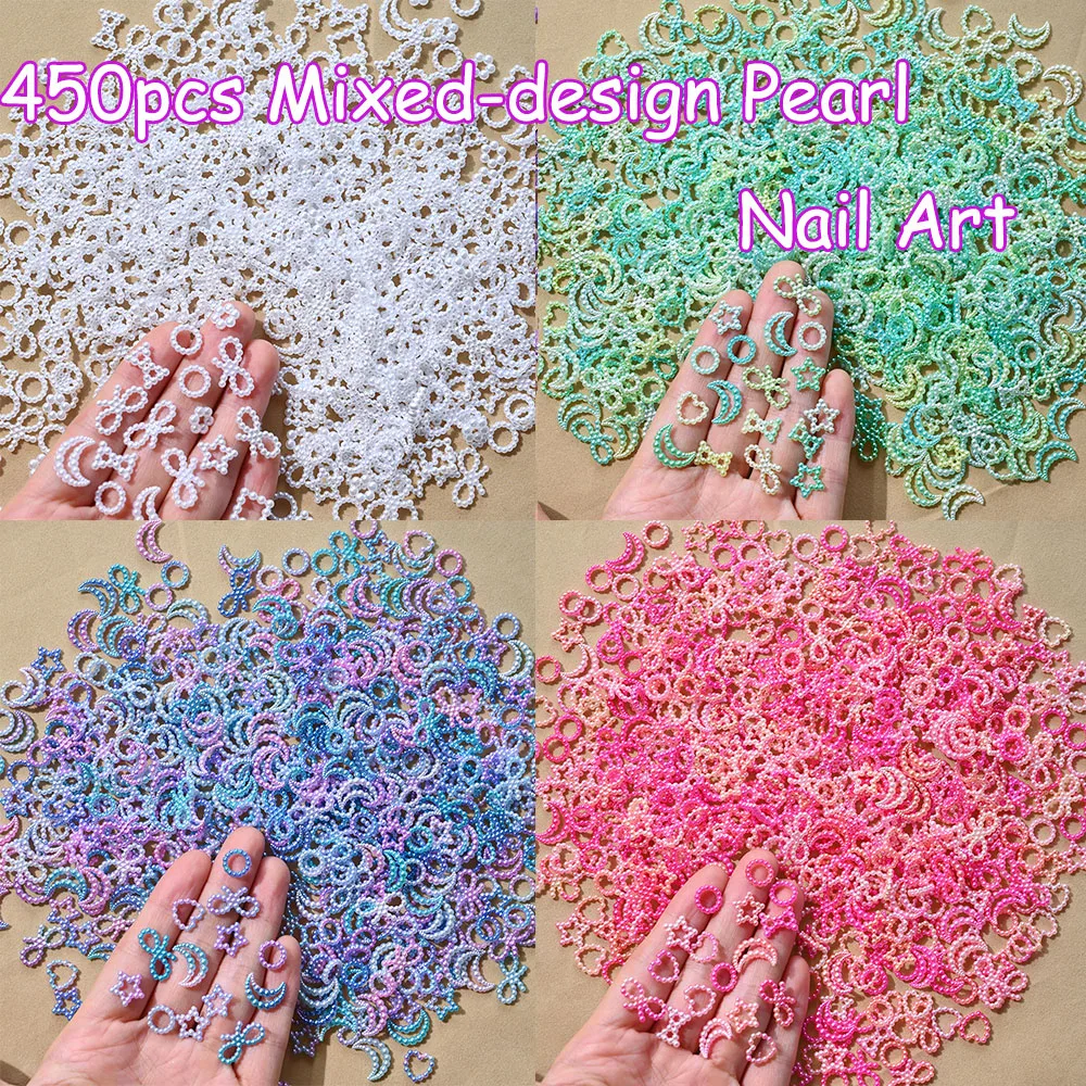 

450Pcs Mixed-design Pearl Nail Art Decoration 3d Flat-Back Bow/Heart Pearl Nail Parts DIY Pearl Nail Crafts Accessories
