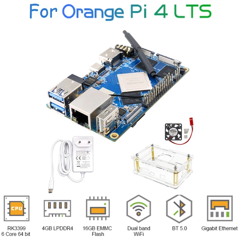 

Плата разработки EMMC для Orange Pi 4 4 Гб Rockchip RK3399 16 ГБ + источник питания 5 в 4 А + акриловая зеркальная + охлаждающий вентилятор с европейской вилкой