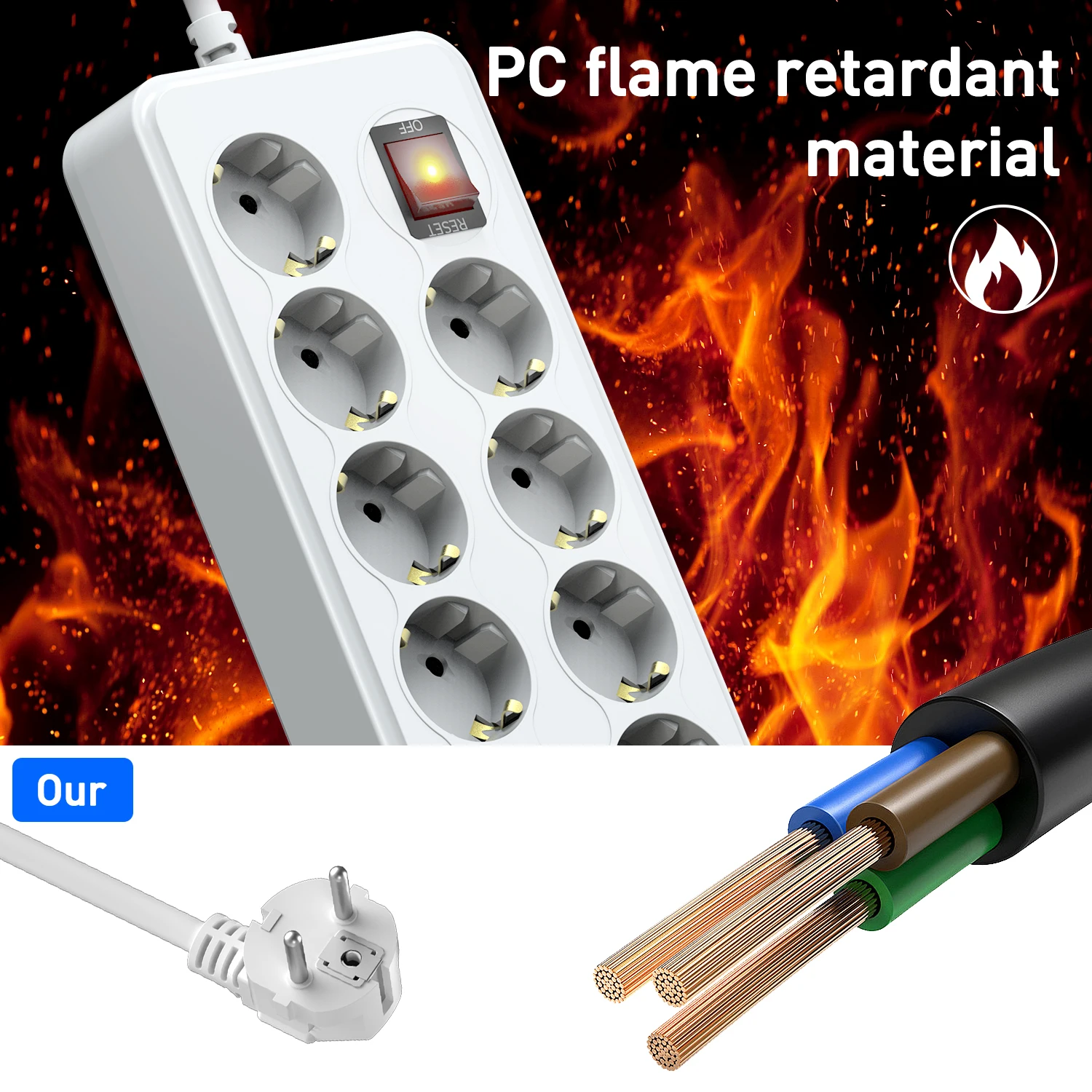 9 розеток переменного тока европейская удлинитель с защитой от перегрузки кабеля