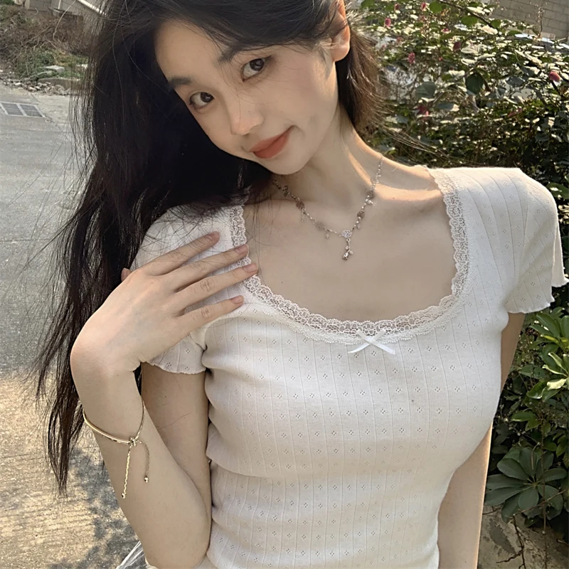 Женская кружевная футболка с коротким рукавом и квадратным вырезом