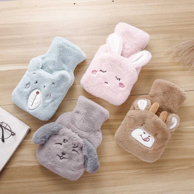 Winter Plush Water Bottle Bag Set Cute Cartoon Hot Water Injection Bags Small Portable Hand Clutch Warmer Storage Bag Rubber Bag