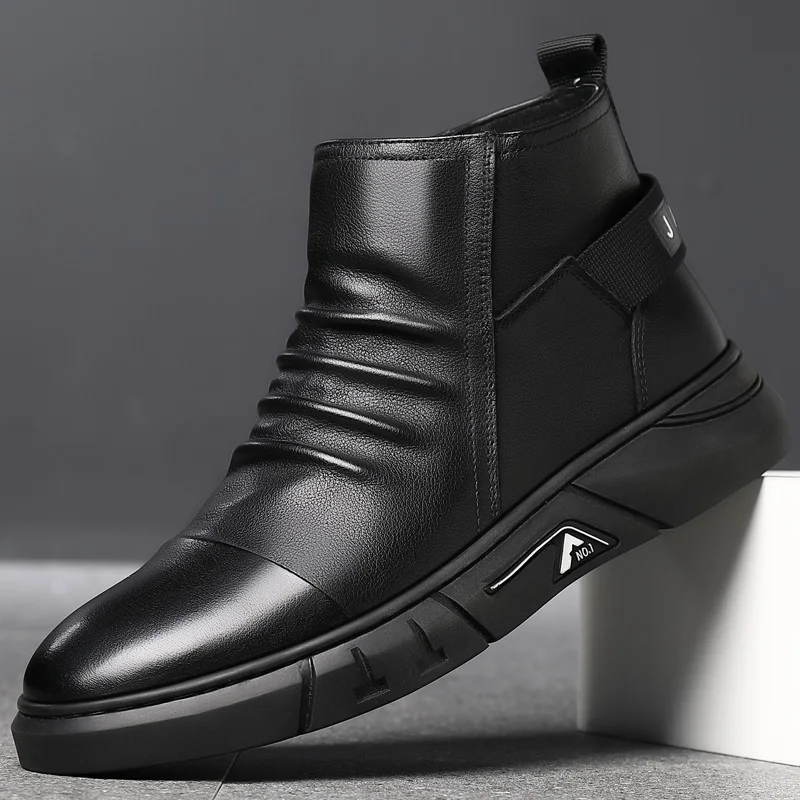 

Ankle Boots Solid Color Warm Shoes Spring and Autumn New Men Casual Shoes Fashion High-top Comfortable Business Leather Shoes 44