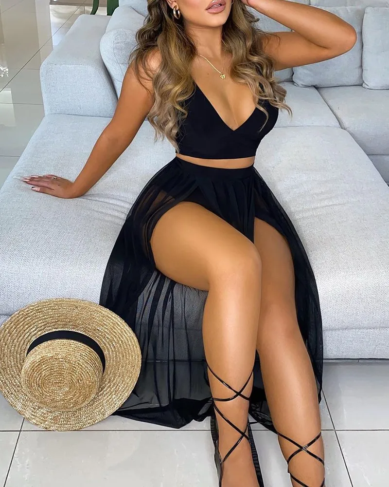 

Women Leisure U-Neck Crop Top & Sheer Mesh High Slit Maxi Skirt Set Women Long Loose Dress Summer Sleeveless Sexy High Waist