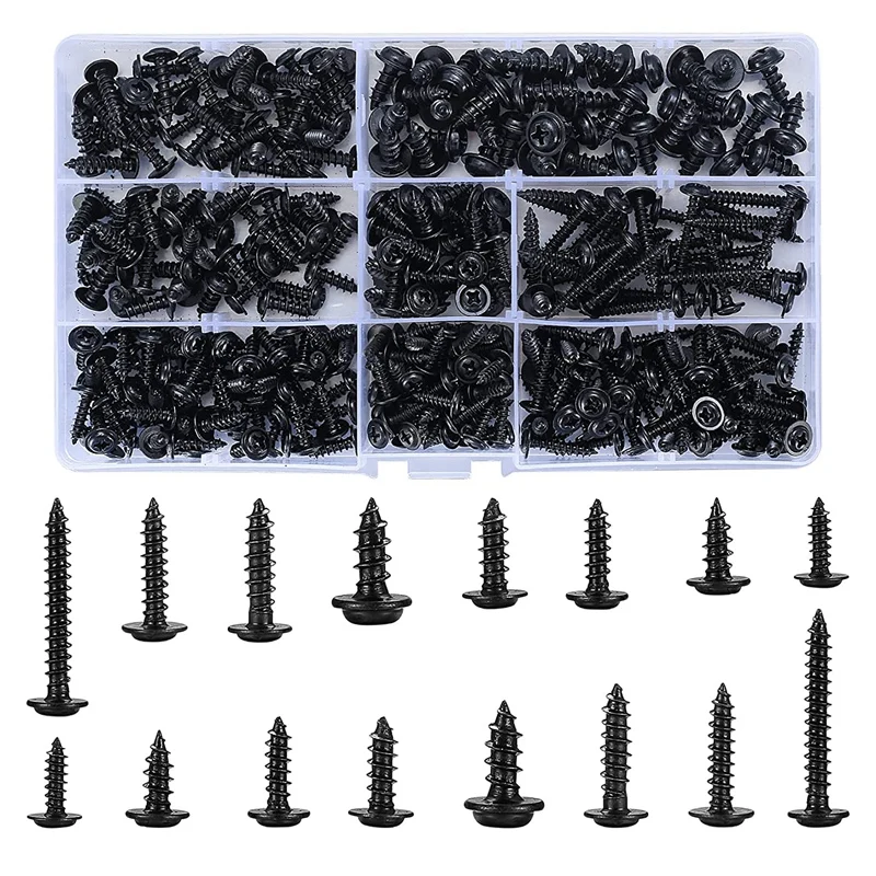 

TOP 350 Pcs Black Self Tapping Wood Screws Assortment Kit Carbon Steel Cross Pan Round Head Screws Countersunk Screws