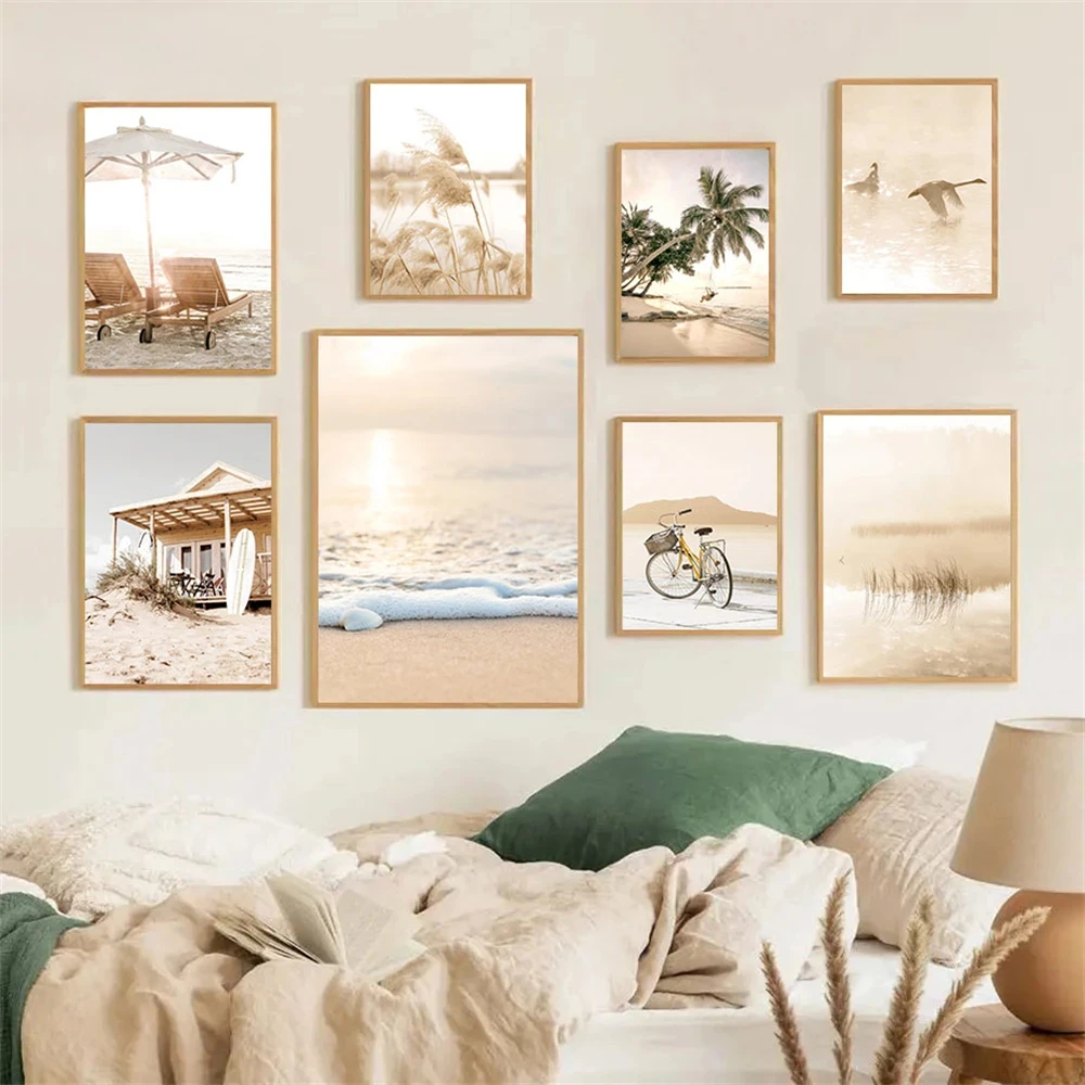 

Beige Scenery Beach Canvas Prints Reed PosterPainting Coconut Tree Wall Art Print Bridge Bike Nordic Wall Pictures Home Decor