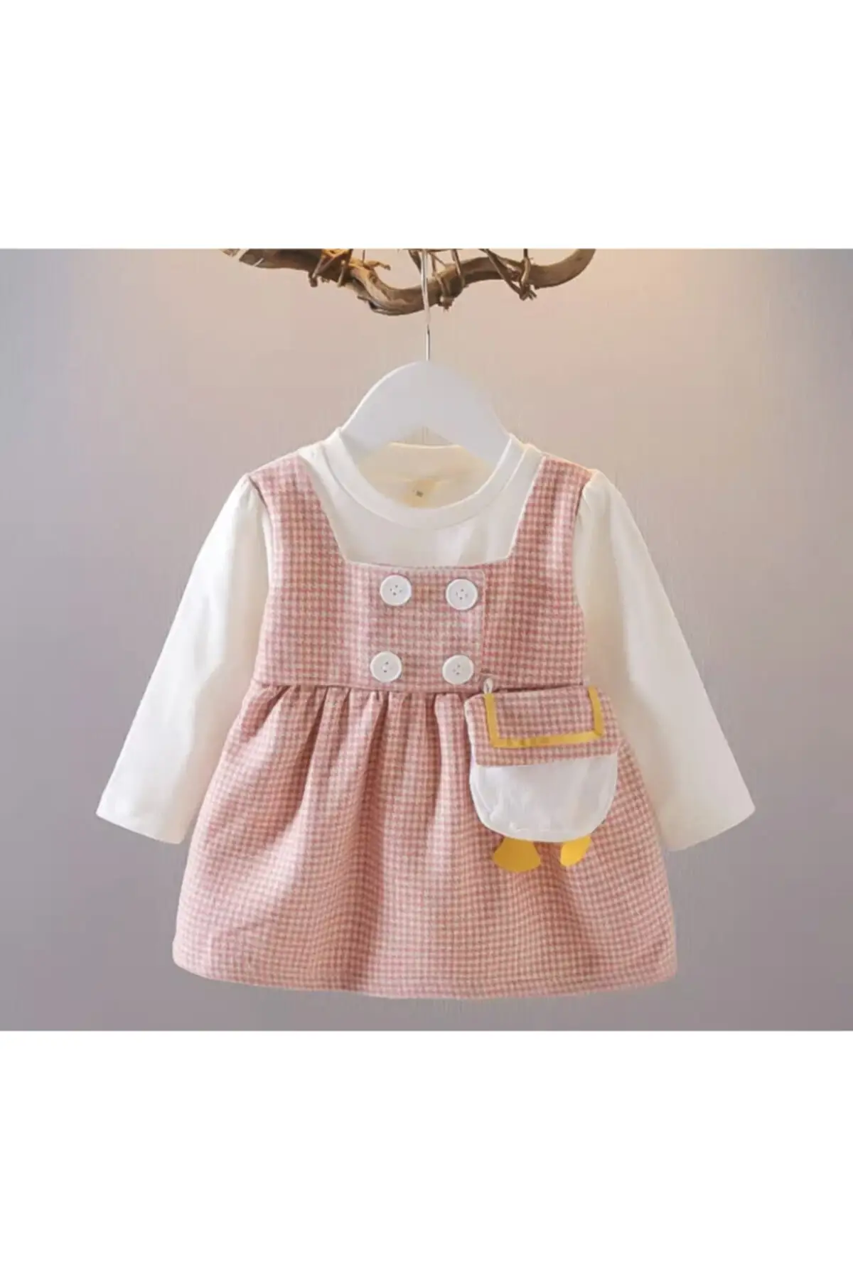 Ellieskids Duck Pockets Gingham Dress Long Midi Trend Plaid/Plaid Round Collar Cotton Pink Woven Single Thick School