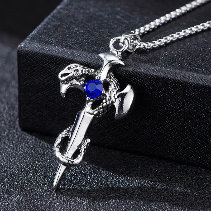 

Creative Snake Wrapping Cross Sword Blue Zircon Pendant Necklace Classic Fashion Men Women Gothic Street Party Jewelry Gifts