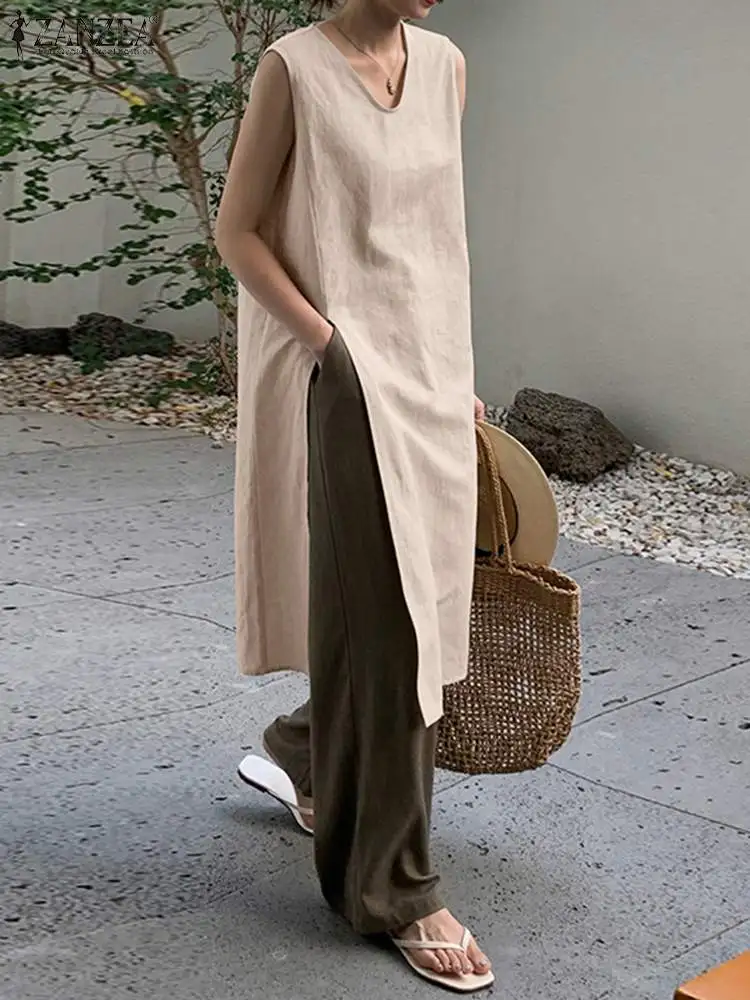 

Платье ZANZEA женское длинное хлопковое без рукавов, элегантный мешковатый сарафан с V-образным вырезом и разрезом, кафтан оверсайз, рабочая од...