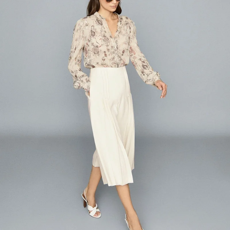 White Pleated Wide-leg Cropped Trousers Women Pants