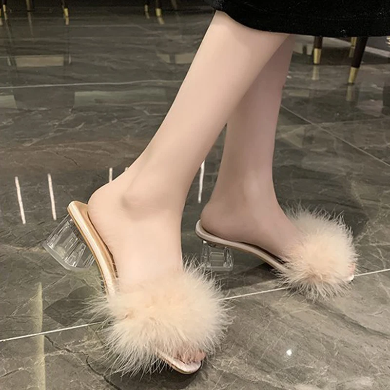 

Women Slippers Summer 2022Stiletto wear out Sandals Open Toe Transparent Mid Heel Casual Zapatillas Mujer Casa Sapatos Femininos
