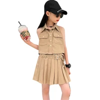 teenage girl clothes suit sleeveless cargo toppleated skirt sets new summer khaki kids clothing sets 2pcs outfits 4 14years old