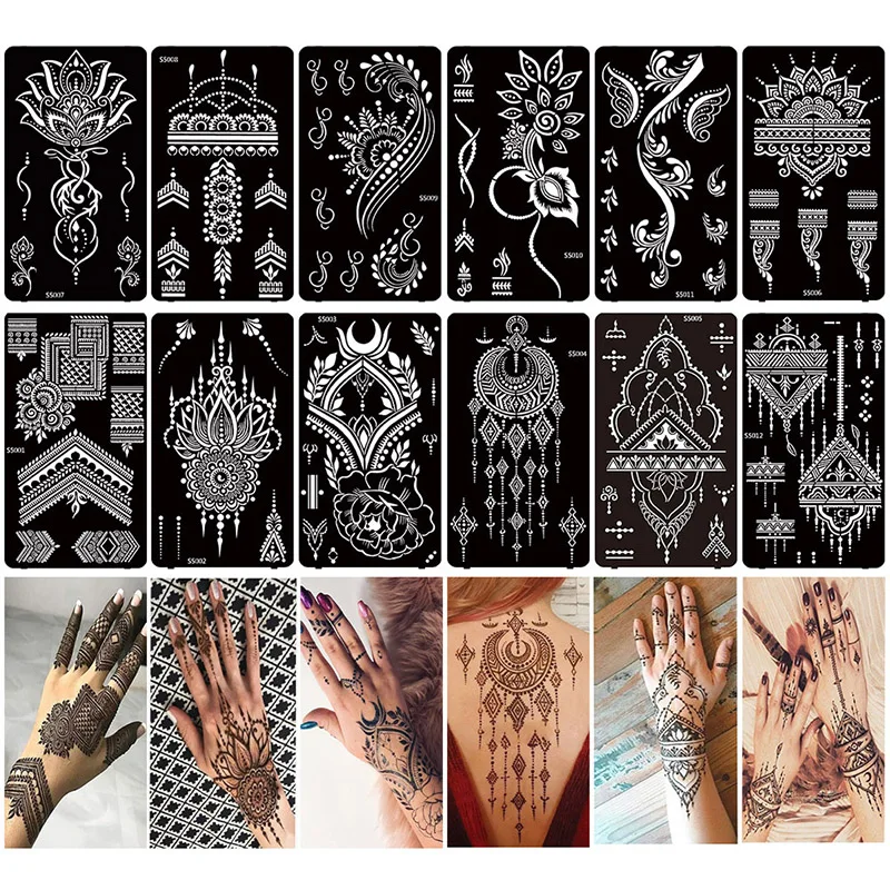 12Pcs/Set Henna Stencil Temporary Hand Tattoo Glitter Tattoo Stencils Body Art Sticker Template Wedding Tool Tattoo Supplies